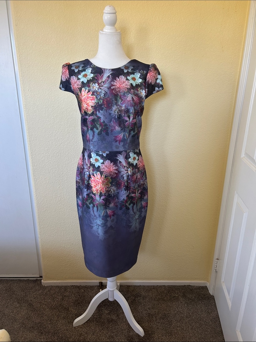 Betsey Johnson Purple Floral Midi Dress with Pink & Teal Blooms